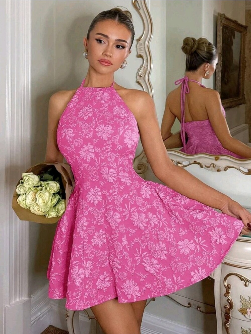 Glamine Floral Halter With Ruched Sides Mini Dress